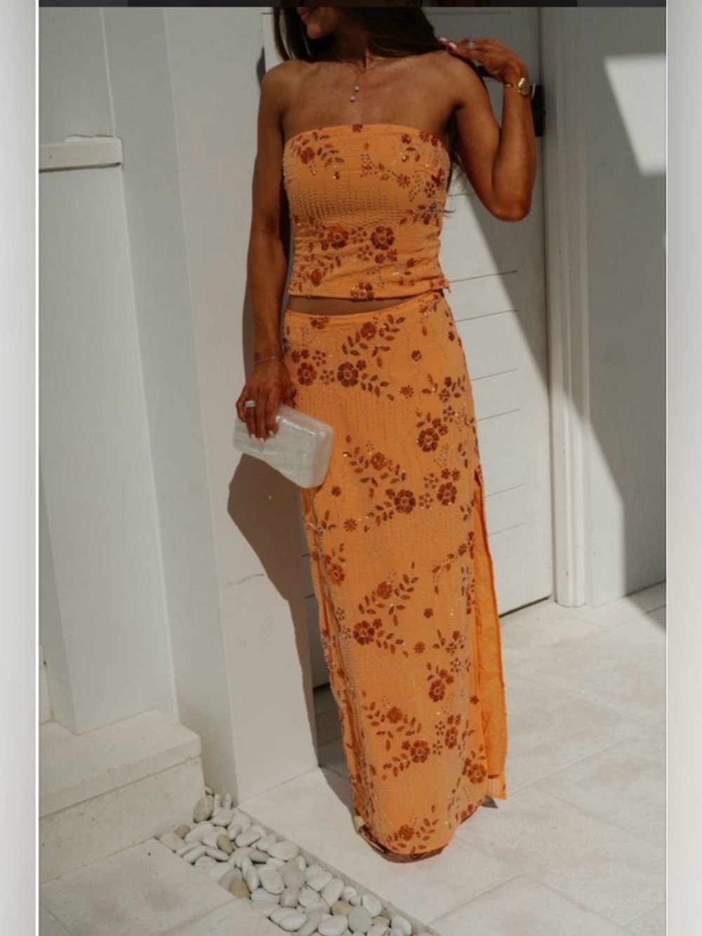 Beaded Sequin Skirt Set-Orange
